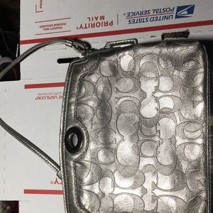 EUC Silver Coach Wristlet Twist Closure Blue Interior 8”x6”x1.5”